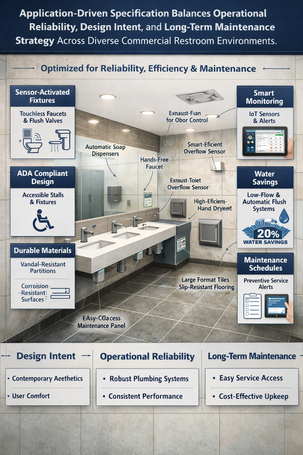 Commercial restroom environments illustrating application suitability of touchless faucet systems in institutional and hospitality projects
